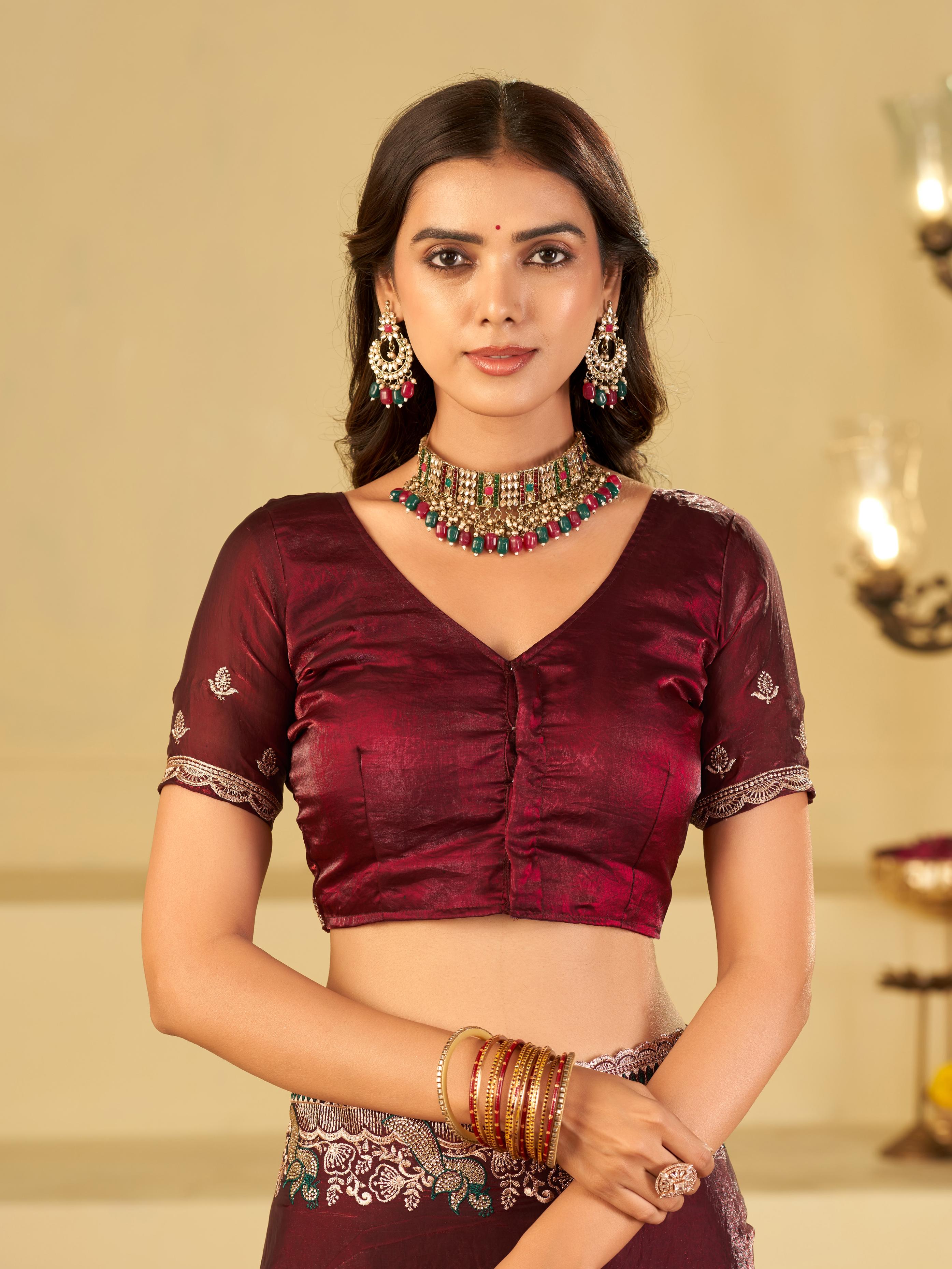 Wine Maroon Designer Fendy Satin Saree with Heavy Embroidered Border | Premium Festive Party Wear Saree with Elegant Embroidery & Matching Blouse
