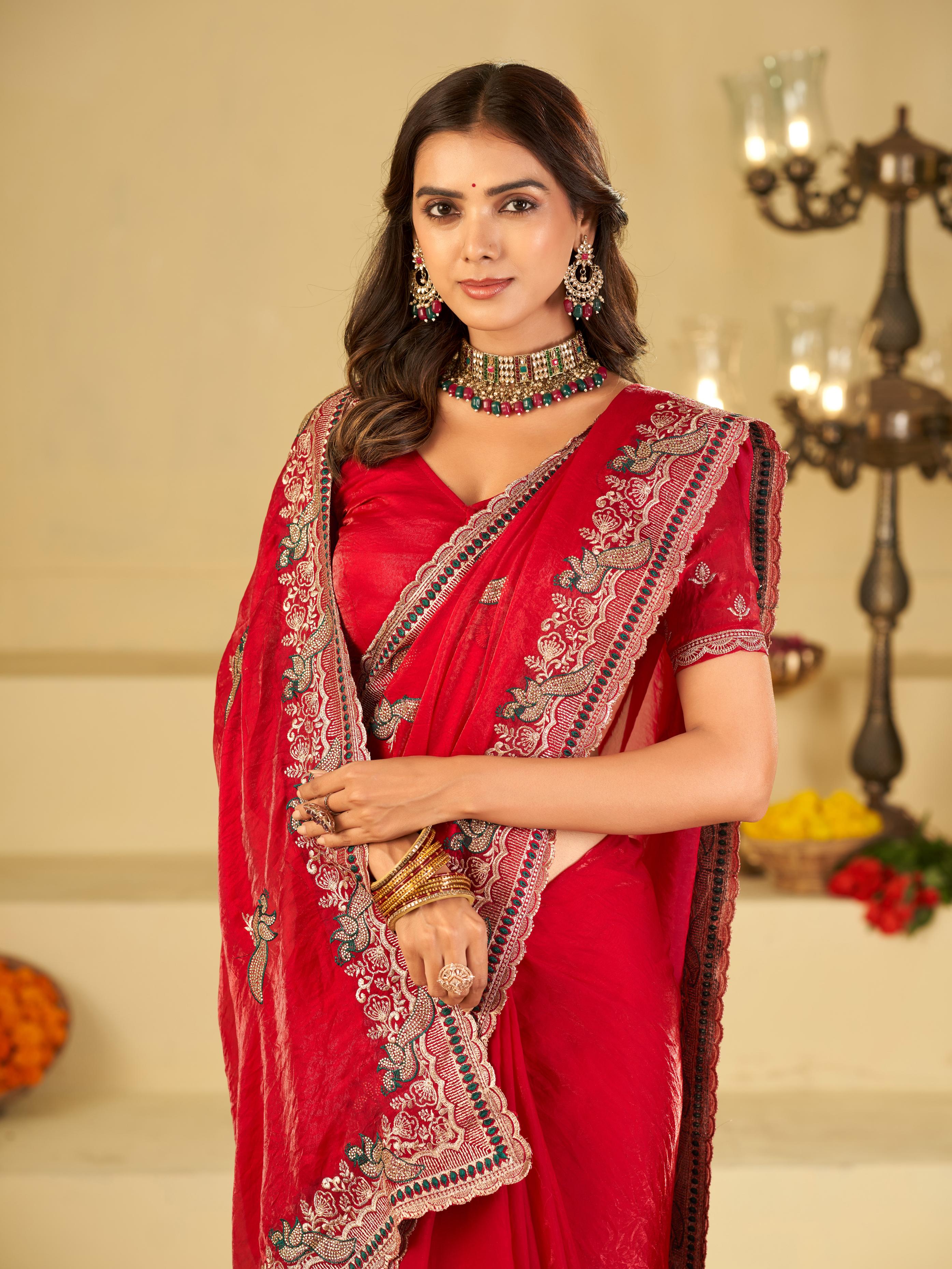 Bright Red Designer Fendy Satin Saree with Heavy Embroidered Border | Premium Festive Party Wear Saree with Intricate Embroidery & Matching Blouse