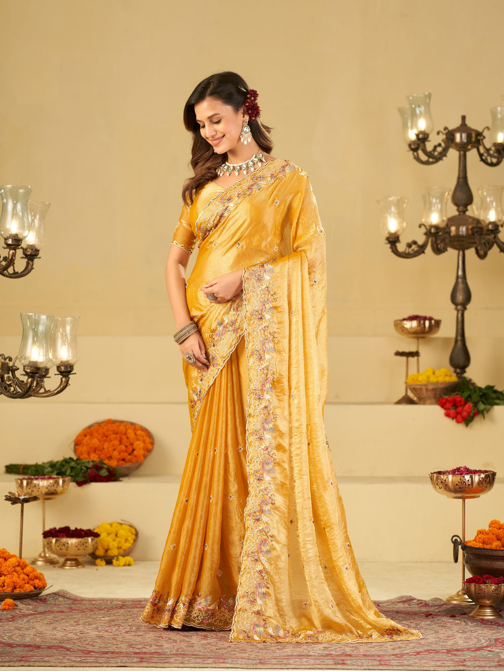 Mustard Yellow Fendy Satin Saree with Multicolor Floral Embroidery Border | Elegant Designer Party Wear Saree with Blouse