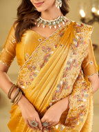Mustard Yellow Fendy Satin Saree with Multicolor Floral Embroidery Border | Elegant Designer Party Wear Saree with Blouse
