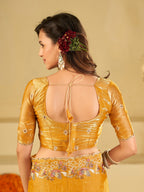 Mustard Yellow Fendy Satin Saree with Multicolor Floral Embroidery Border | Elegant Designer Party Wear Saree with Blouse