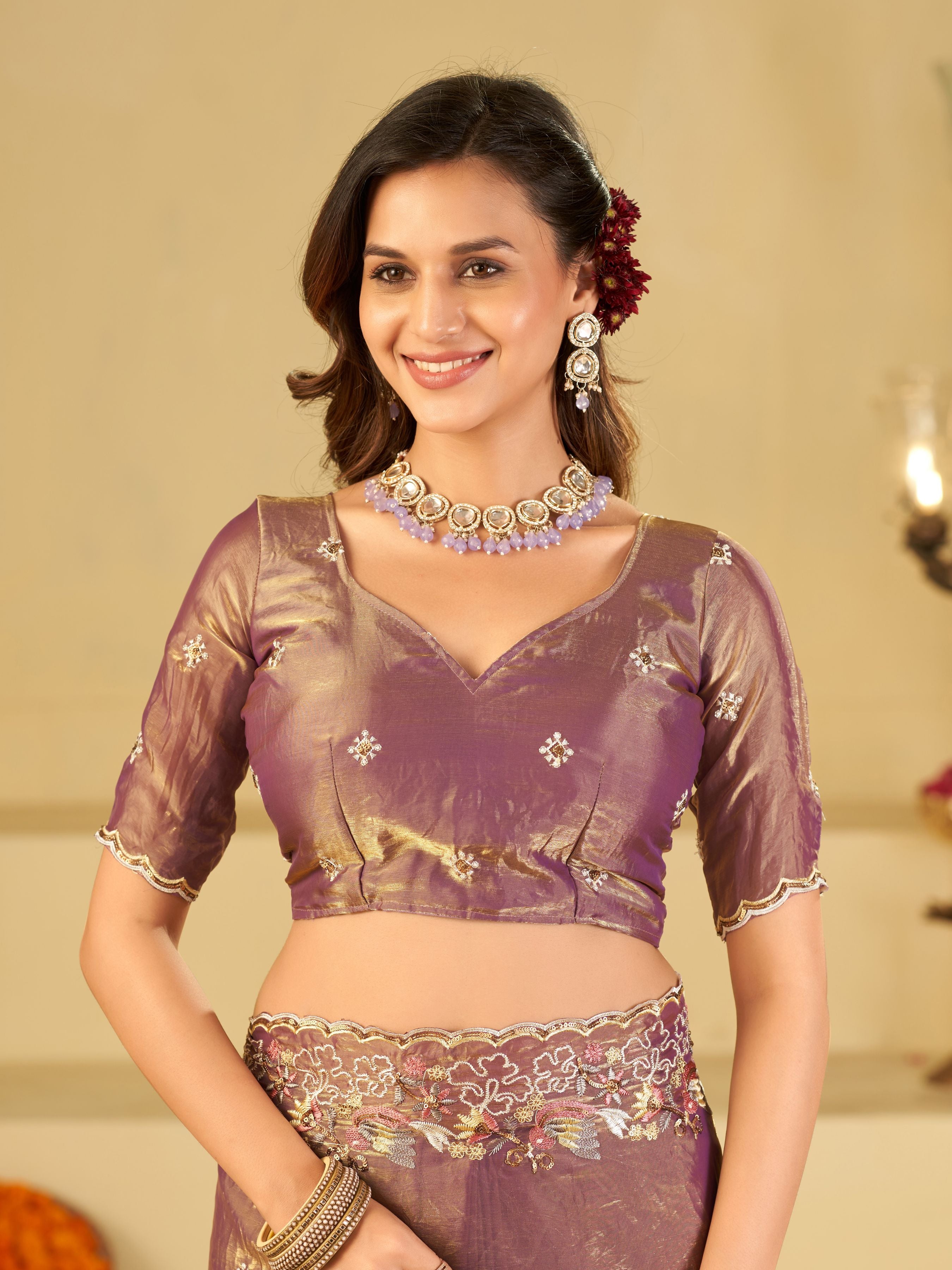 Lavender Gold Fendy Satin Saree with Multicolor Floral Embroidery Border | Elegant Designer Party Wear Saree with Blouse