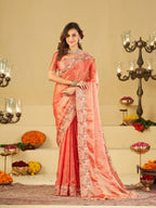 Peach Pink Fendy Satin Saree with Multicolor Floral Embroidery Border | Elegant Designer Party Wear Saree with Blouse