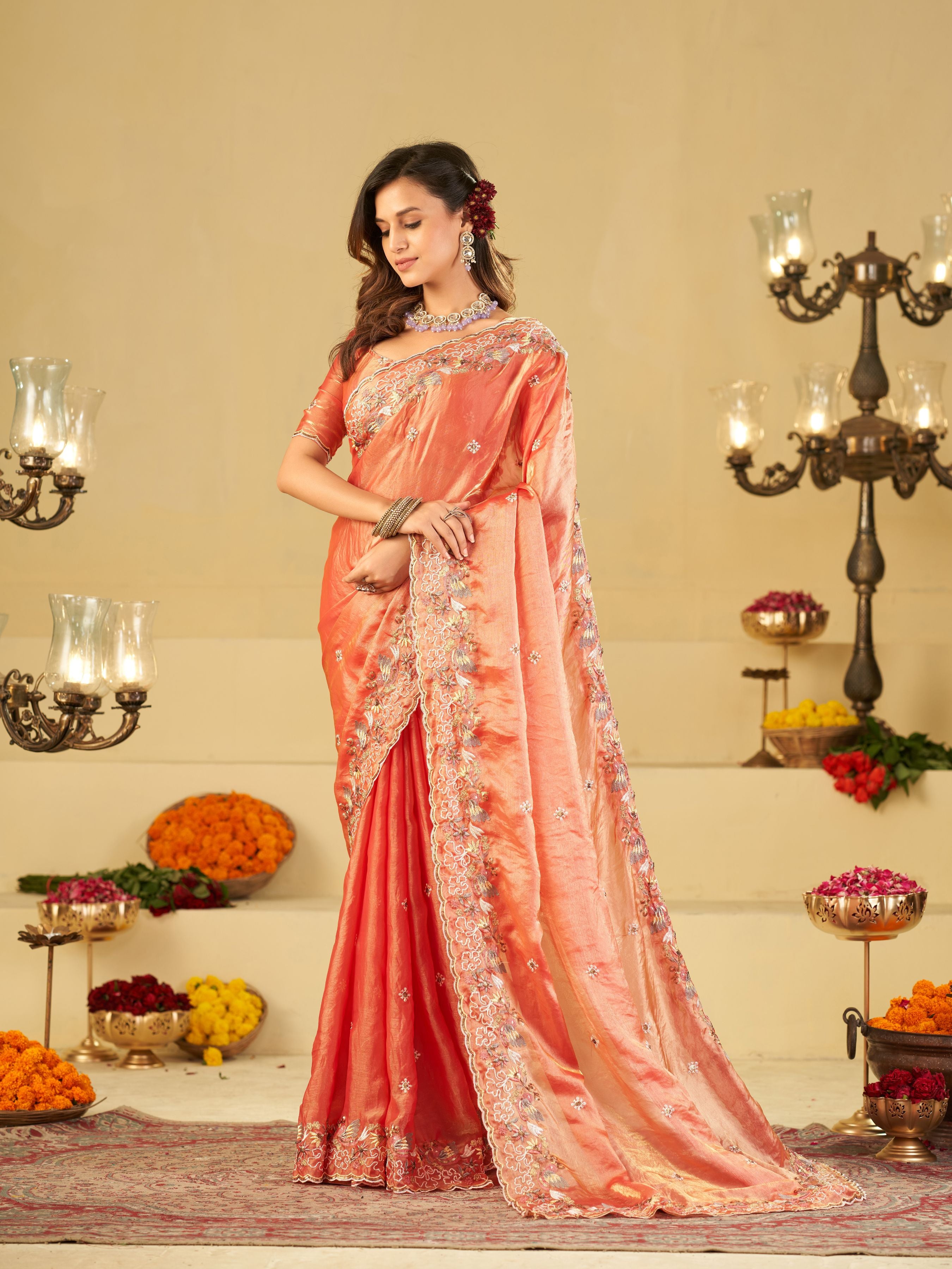 Peach Pink Fendy Satin Saree with Multicolor Floral Embroidery Border | Elegant Designer Party Wear Saree with Blouse