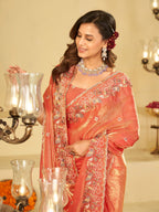 Peach Pink Fendy Satin Saree with Multicolor Floral Embroidery Border | Elegant Designer Party Wear Saree with Blouse