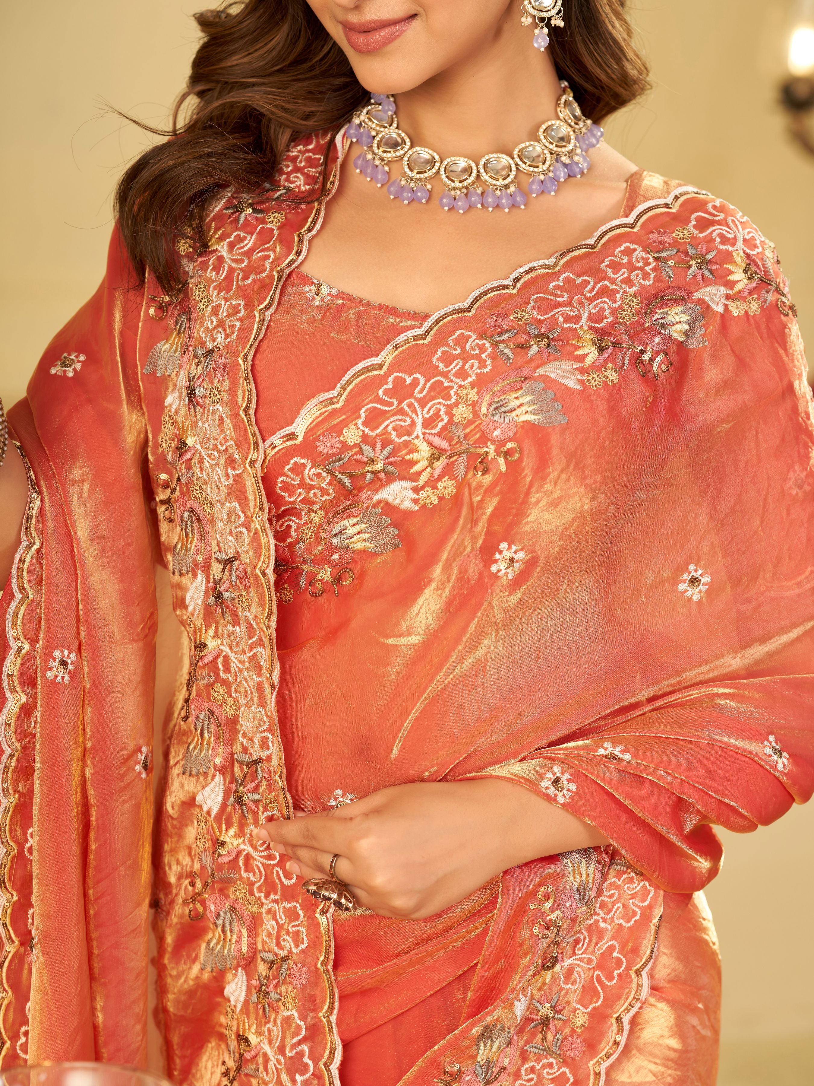 Peach Pink Fendy Satin Saree with Multicolor Floral Embroidery Border | Elegant Designer Party Wear Saree with Blouse