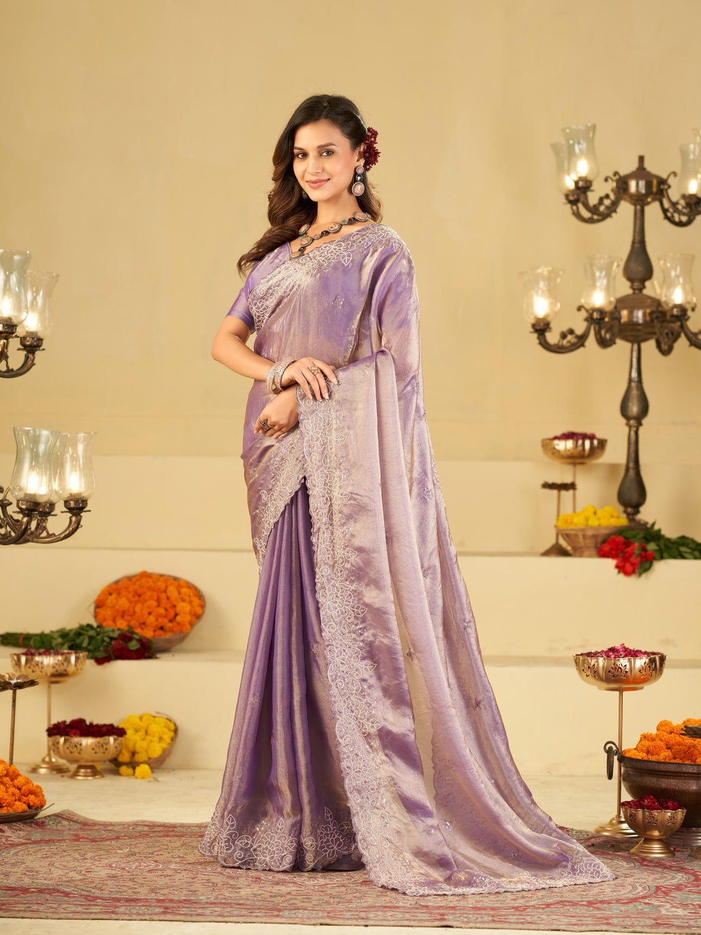 Lavender Fendy Satin Saree with White Floral Embroidery Border | Elegant Designer Party Wear Saree with Blouse