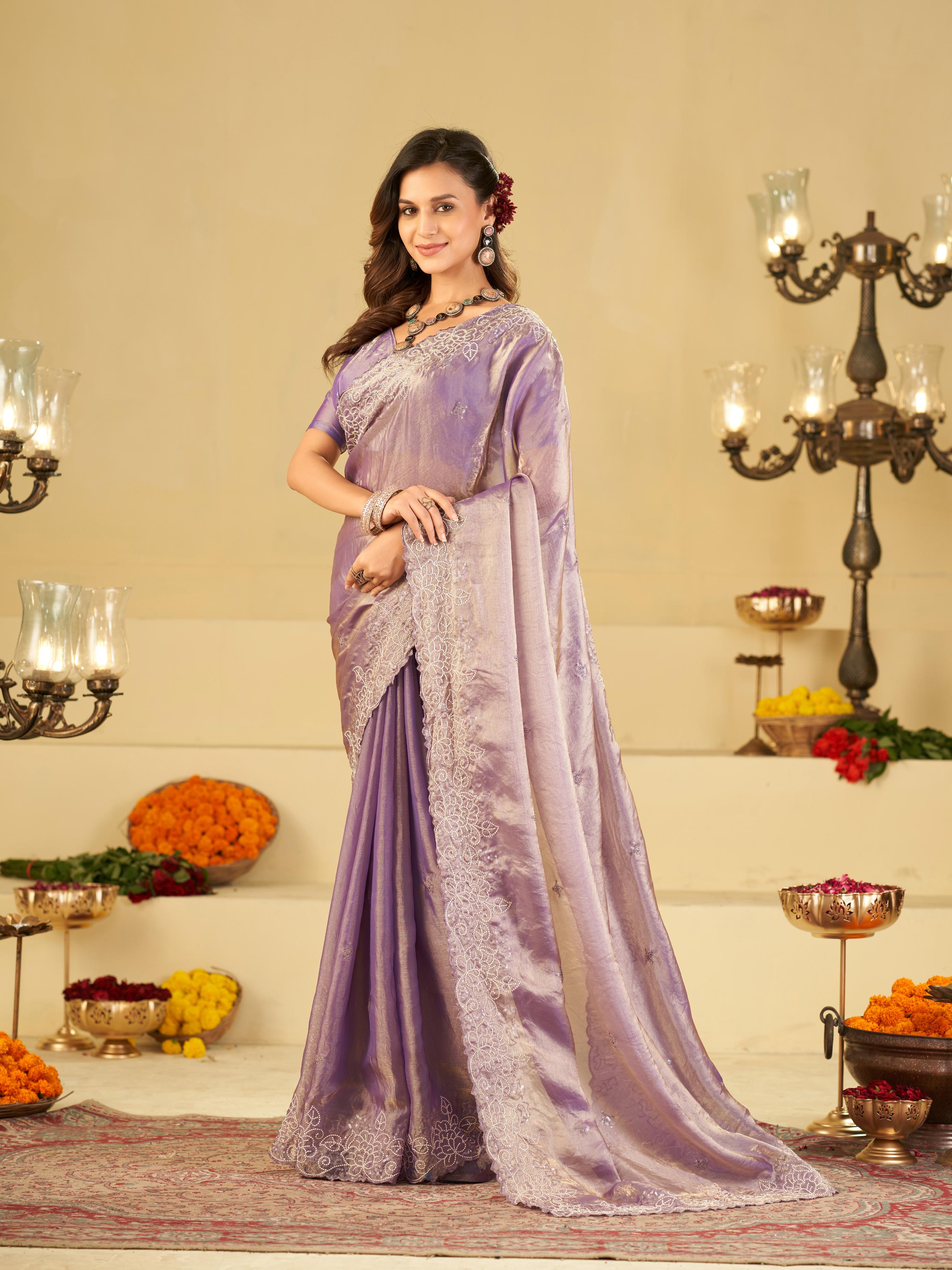Lavender Fendy Satin Saree with White Floral Embroidery Border | Elegant Designer Party Wear Saree with Blouse