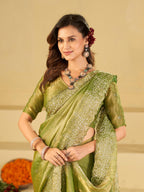 Pista Green Fendy Satin Saree with White Floral Embroidery Border | Elegant Designer Party Wear Saree with Blouse