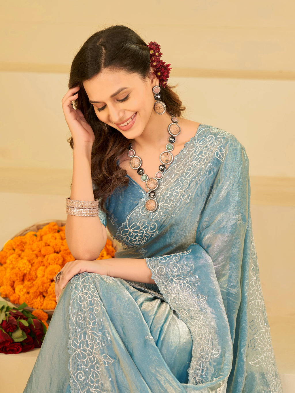 Powder Blue Fendy Satin Saree with White Floral Embroidery Border | Elegant Designer Party Wear Saree with Blouse
