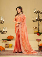 Peach Fendy Satin Saree with White Floral Embroidery Border | Elegant Designer Party Wear Saree with Blouse