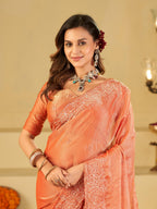 Peach Fendy Satin Saree with White Floral Embroidery Border | Elegant Designer Party Wear Saree with Blouse