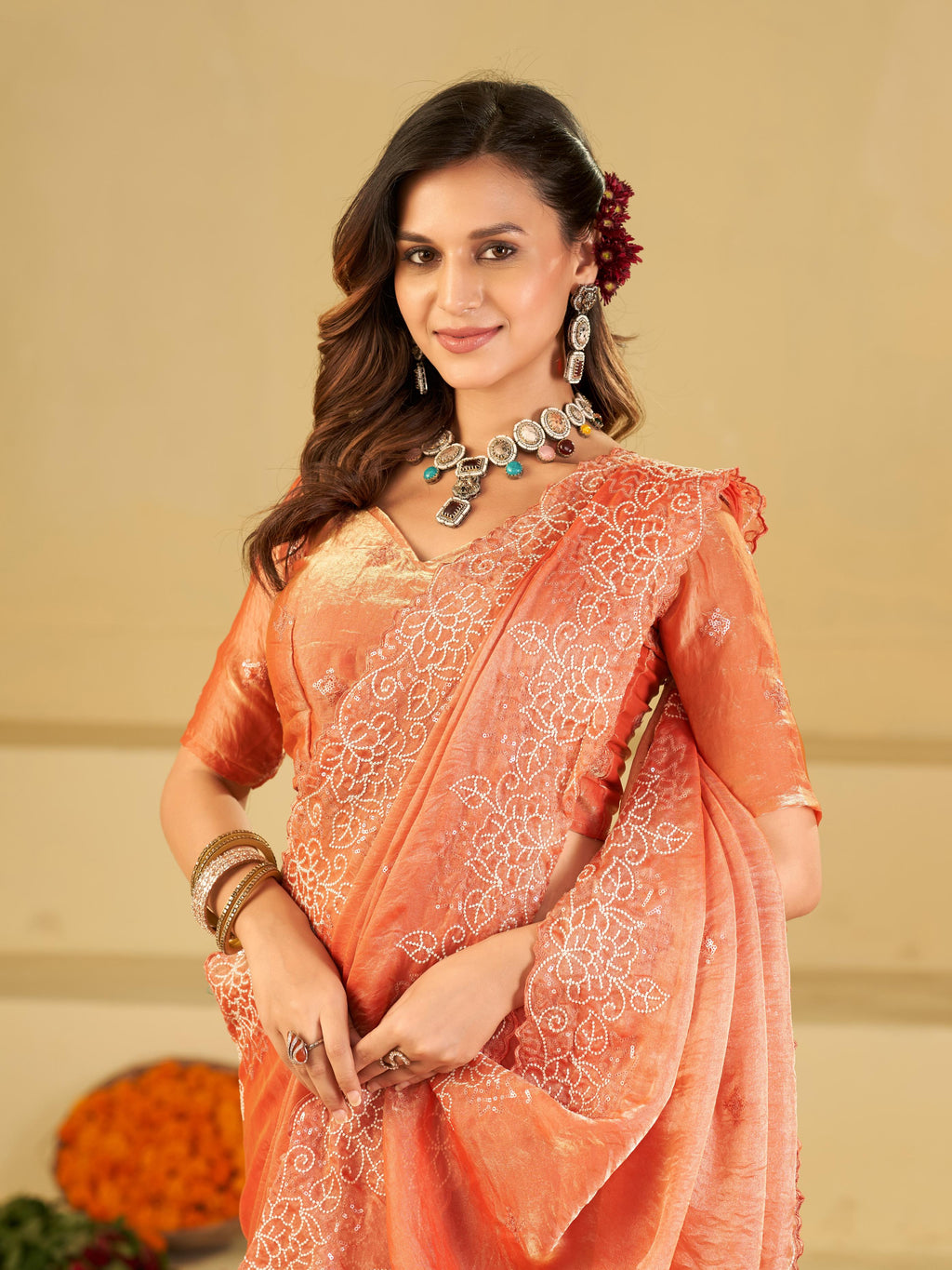 Peach Fendy Satin Saree with White Floral Embroidery Border | Elegant Designer Party Wear Saree with Blouse