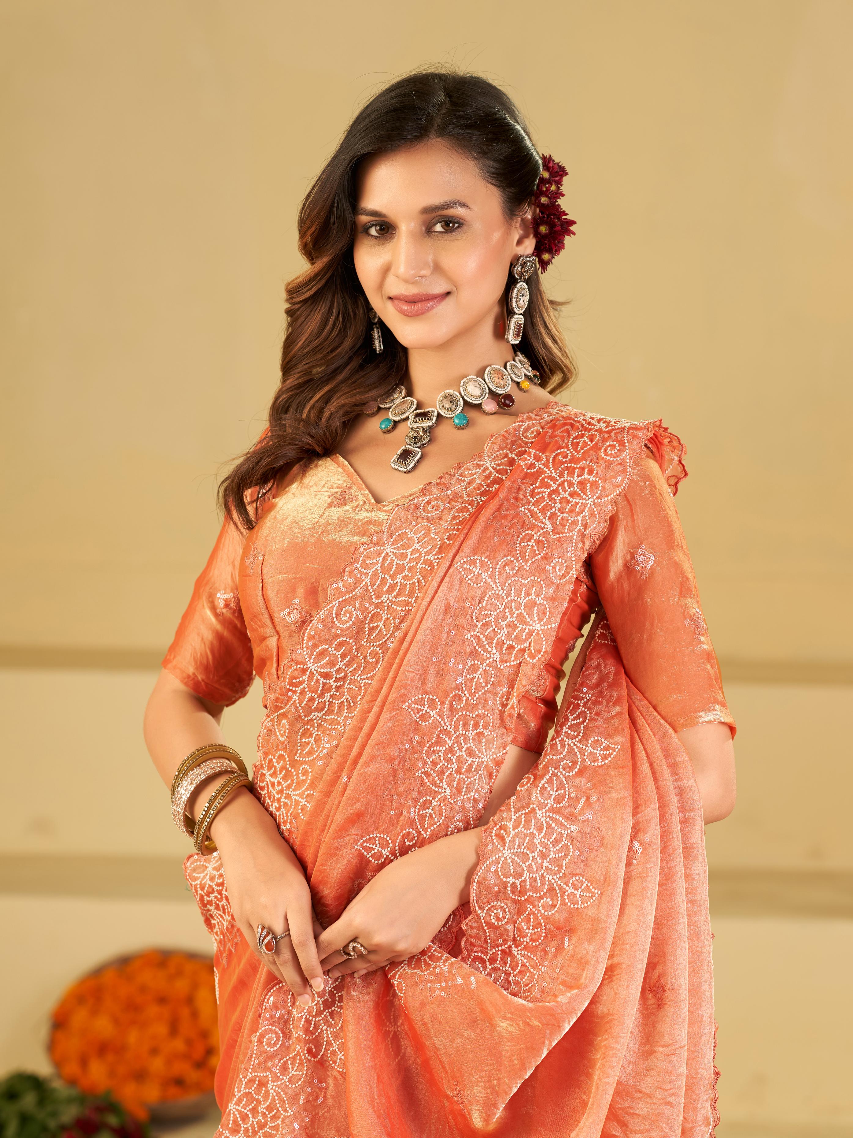 Peach Fendy Satin Saree with White Floral Embroidery Border | Elegant Designer Party Wear Saree with Blouse
