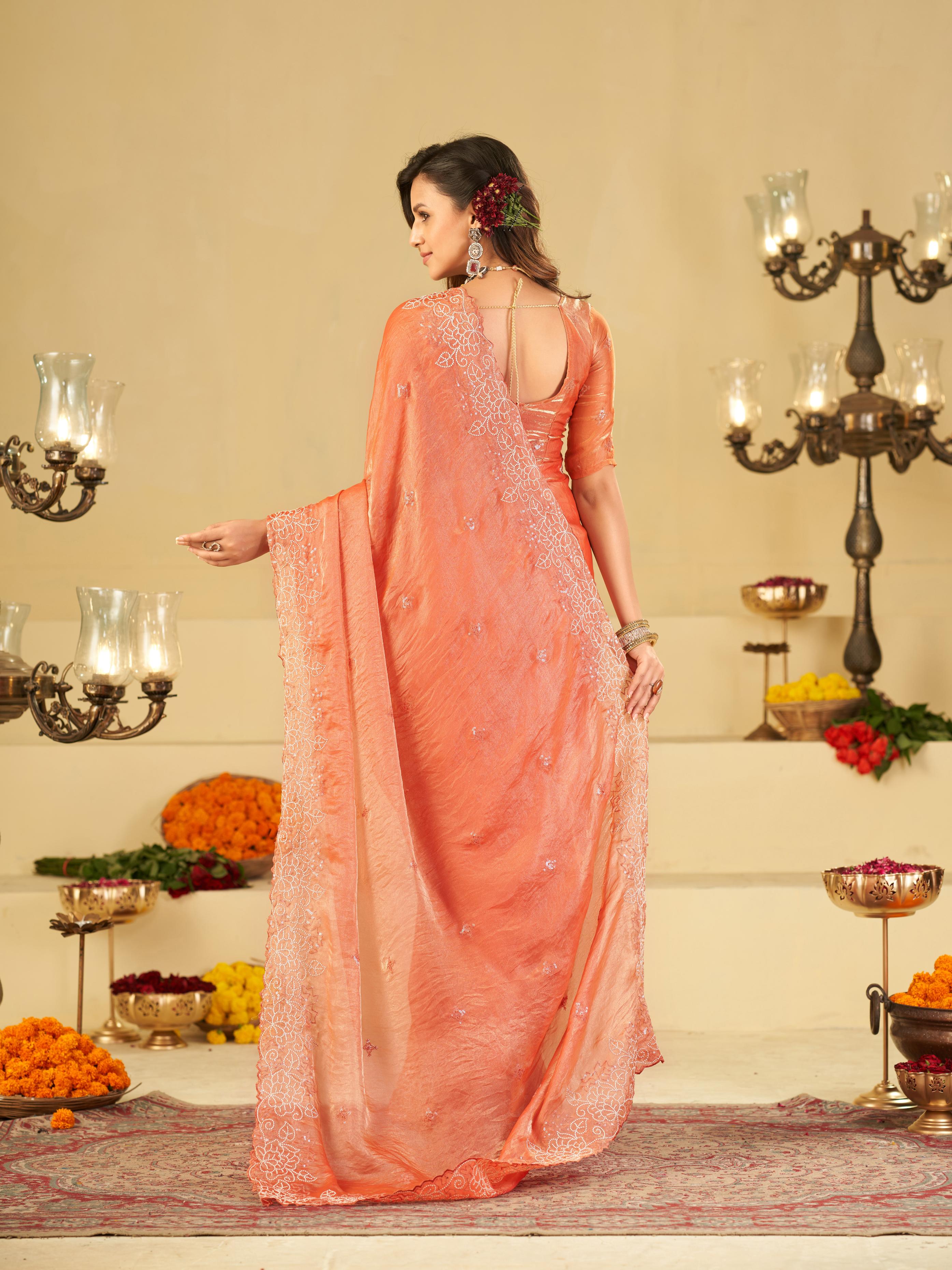Peach Fendy Satin Saree with White Floral Embroidery Border | Elegant Designer Party Wear Saree with Blouse