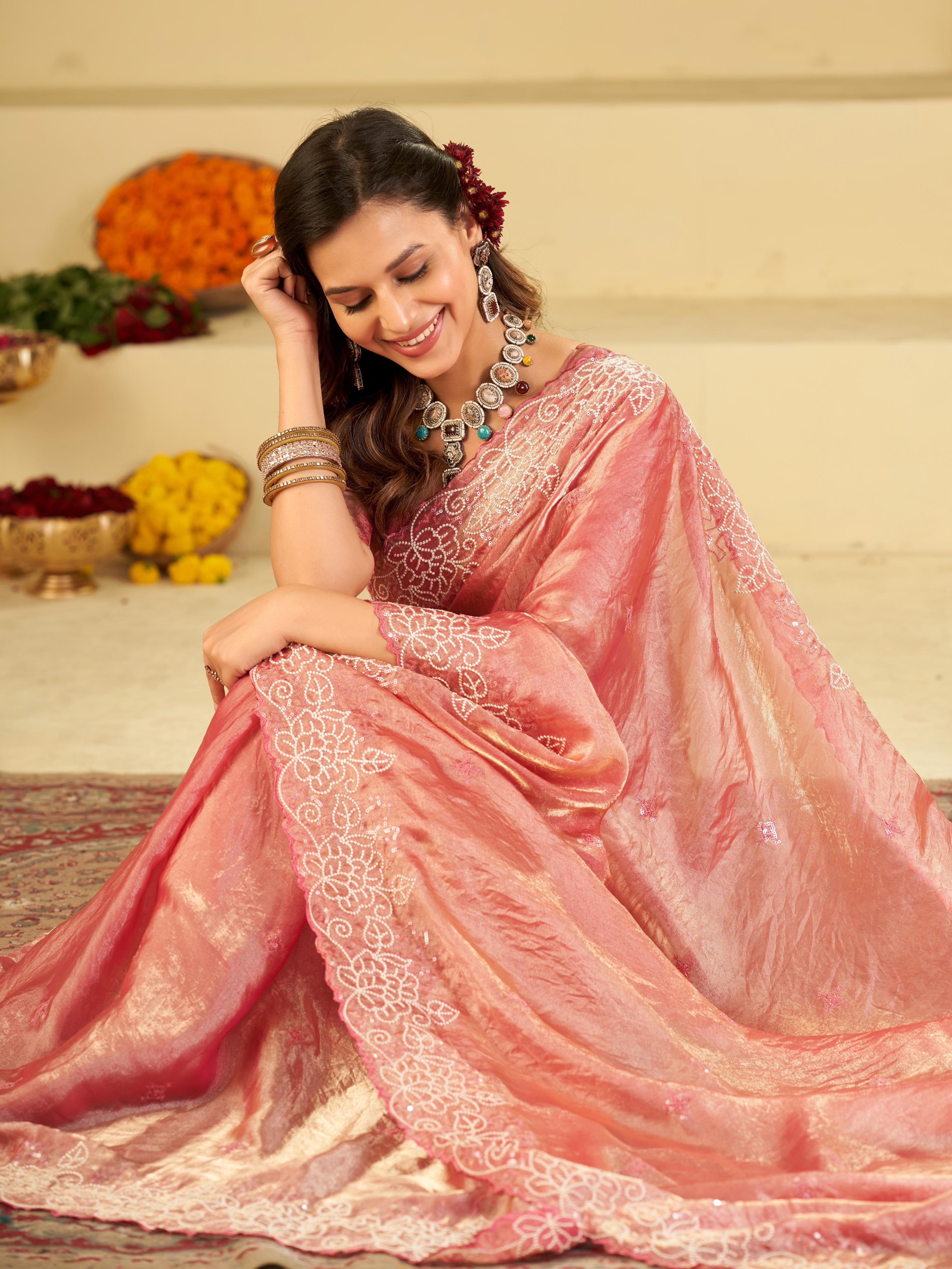 Baby Pink Fendy Satin Saree with White Floral Embroidery Border | Elegant Designer Party Wear Saree with Blouse