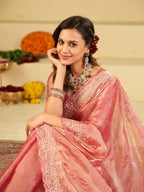 Baby Pink Fendy Satin Saree with White Floral Embroidery Border | Elegant Designer Party Wear Saree with Blouse
