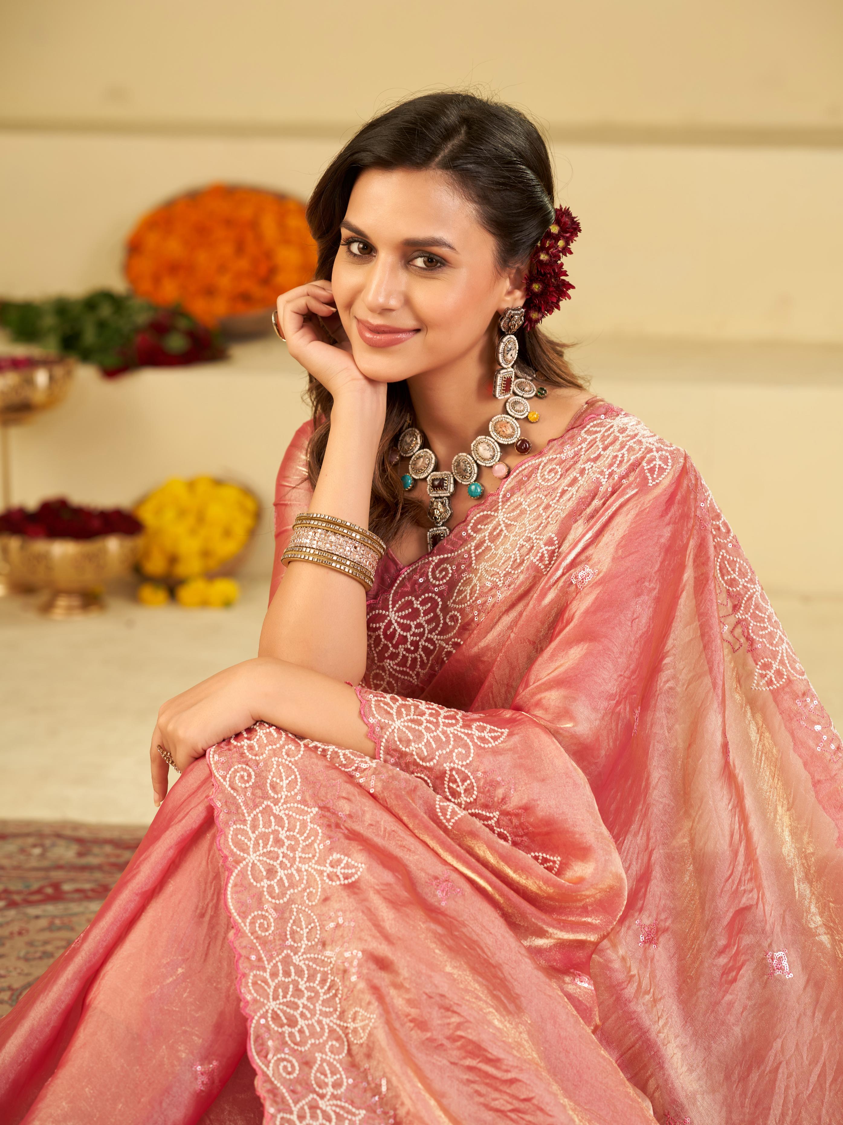 Baby Pink Fendy Satin Saree with White Floral Embroidery Border | Elegant Designer Party Wear Saree with Blouse