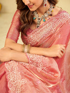 Baby Pink Fendy Satin Saree with White Floral Embroidery Border | Elegant Designer Party Wear Saree with Blouse