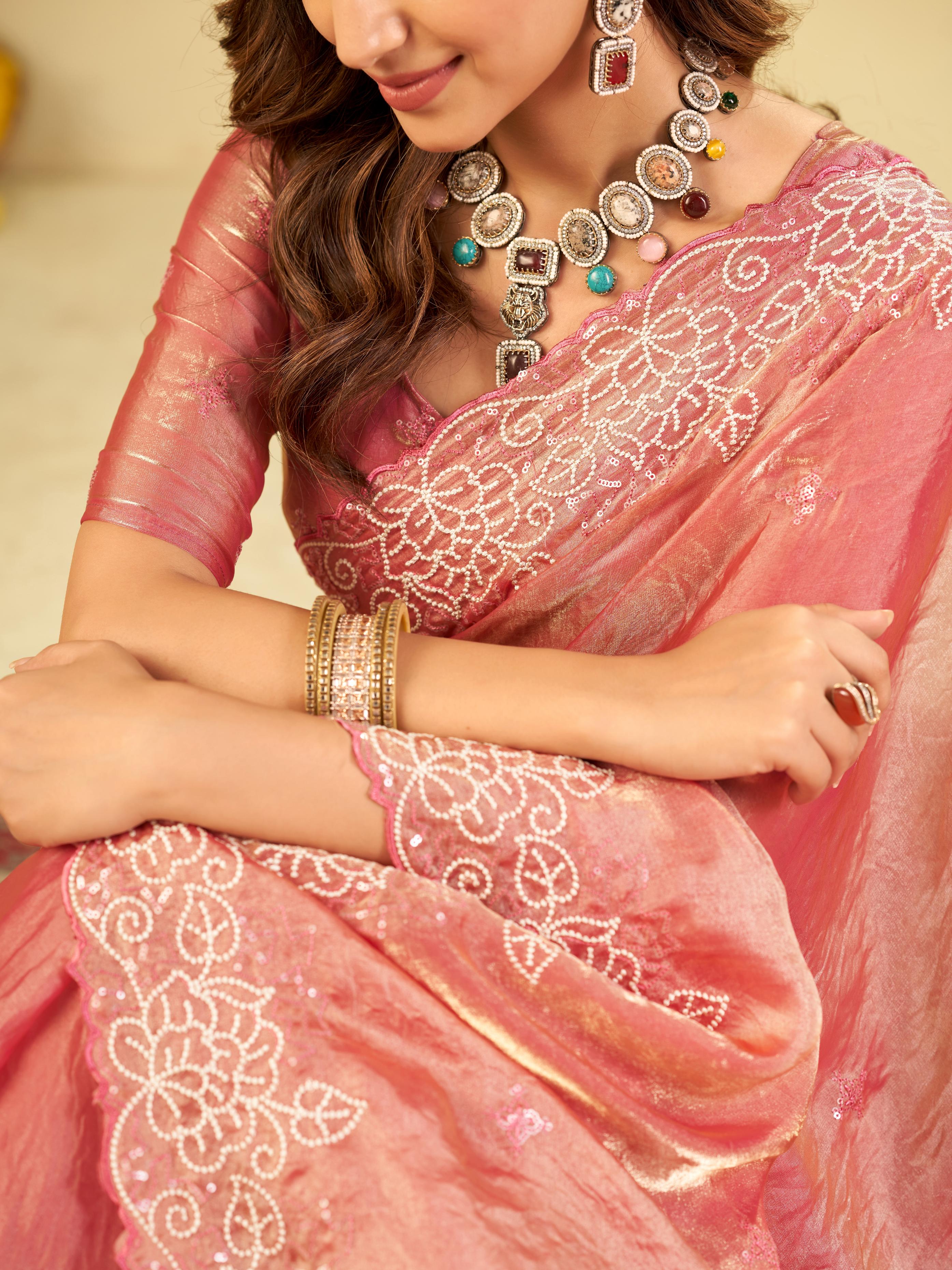 Baby Pink Fendy Satin Saree with White Floral Embroidery Border | Elegant Designer Party Wear Saree with Blouse