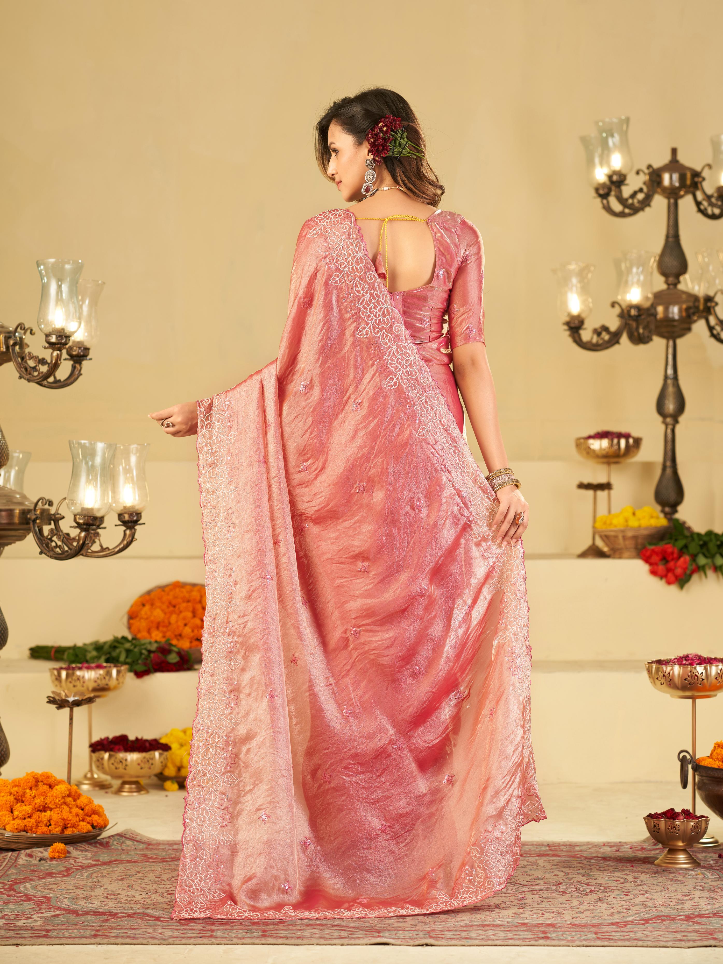 Baby Pink Fendy Satin Saree with White Floral Embroidery Border | Elegant Designer Party Wear Saree with Blouse