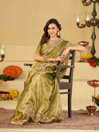 Olive Green Fendy Satin Saree with Multicolor Floral Embroidery Border | Designer Festive Party Wear Saree with Blouse