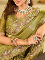 Olive Green Fendy Satin Saree with Multicolor Floral Embroidery Border | Designer Festive Party Wear Saree with Blouse