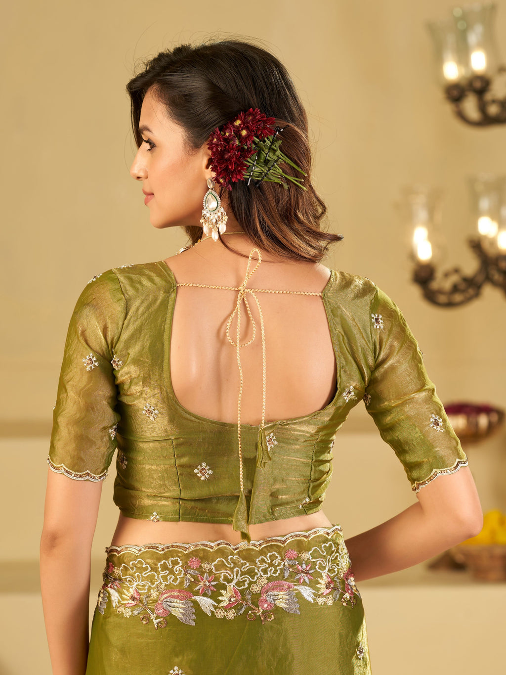 Olive Green Fendy Satin Saree with Multicolor Floral Embroidery Border | Designer Festive Party Wear Saree with Blouse