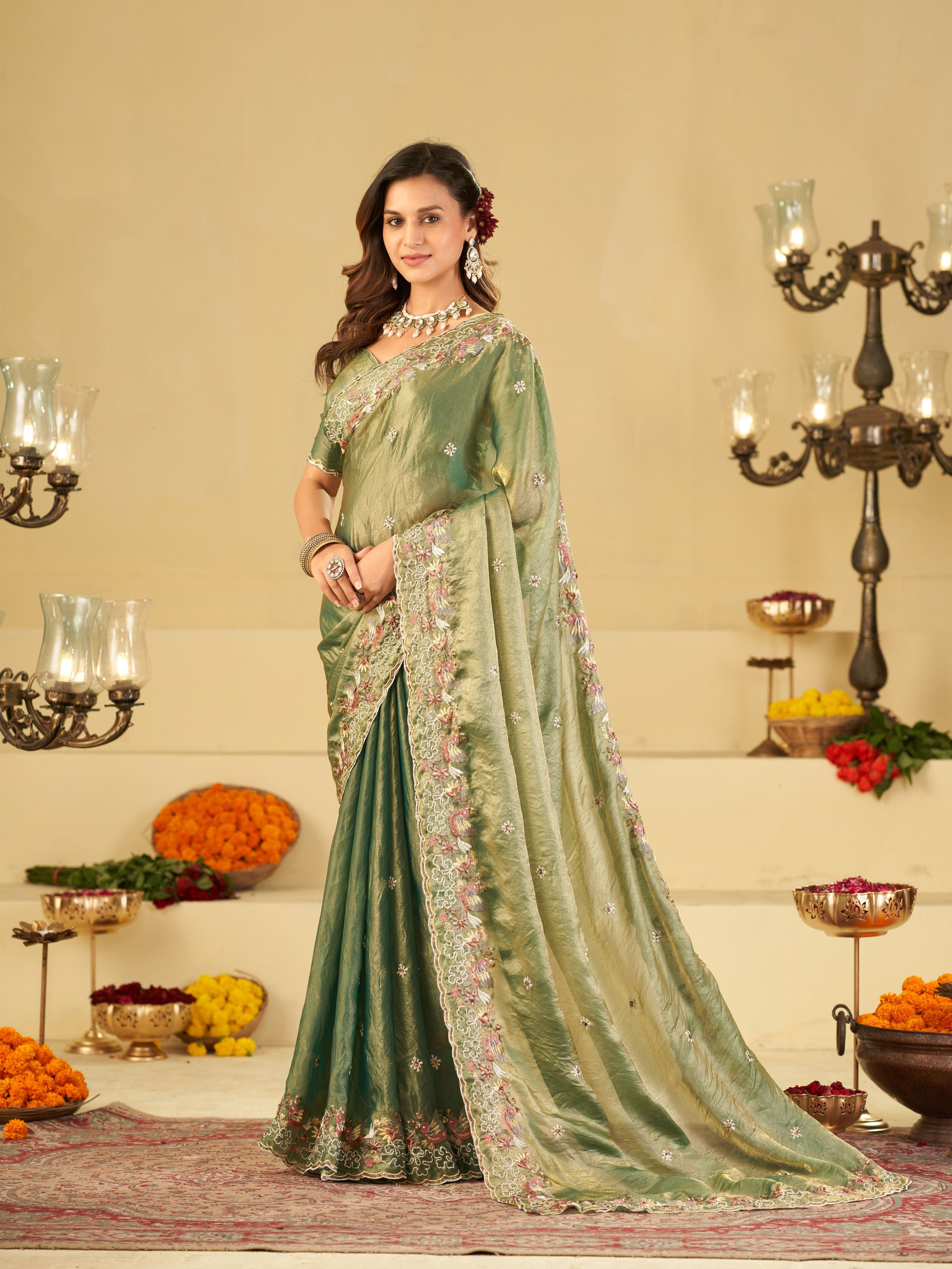 Sage Green Fendy Satin Saree with Multicolor Floral Embroidery Border | Elegant Designer Party Wear Saree with Blouse