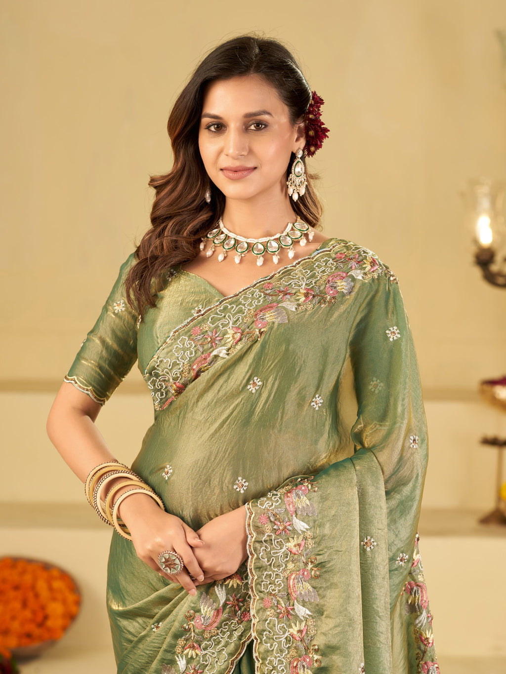 Sage Green Fendy Satin Saree with Multicolor Floral Embroidery Border | Elegant Designer Party Wear Saree with Blouse