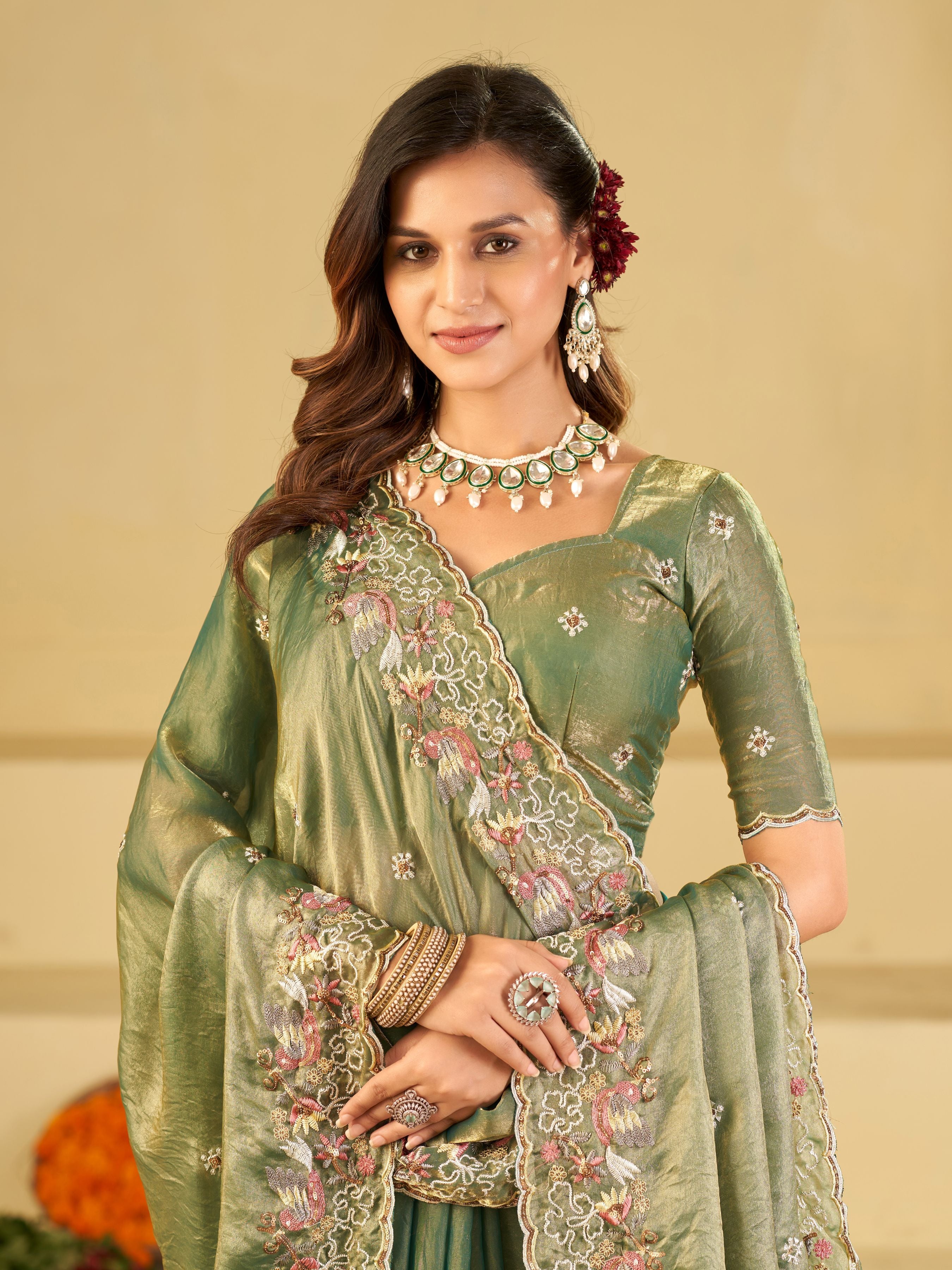 Sage Green Fendy Satin Saree with Multicolor Floral Embroidery Border | Elegant Designer Party Wear Saree with Blouse