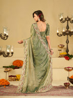 Sage Green Fendy Satin Saree with Multicolor Floral Embroidery Border | Elegant Designer Party Wear Saree with Blouse
