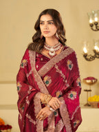 Wine Maroon Designer Fendy Satin Saree with Floral Embroidery Work | Premium Festive & Wedding Wear Embroidered Saree with Blouse