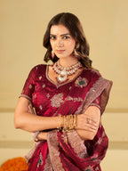 Wine Maroon Designer Fendy Satin Saree with Floral Embroidery Work | Premium Festive & Wedding Wear Embroidered Saree with Blouse