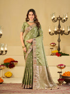 Pastel Olive Green Banarasi Silk Saree with Floral Embroidered Border & Rich Zari Woven Pallu | Designer Wedding Festive Saree