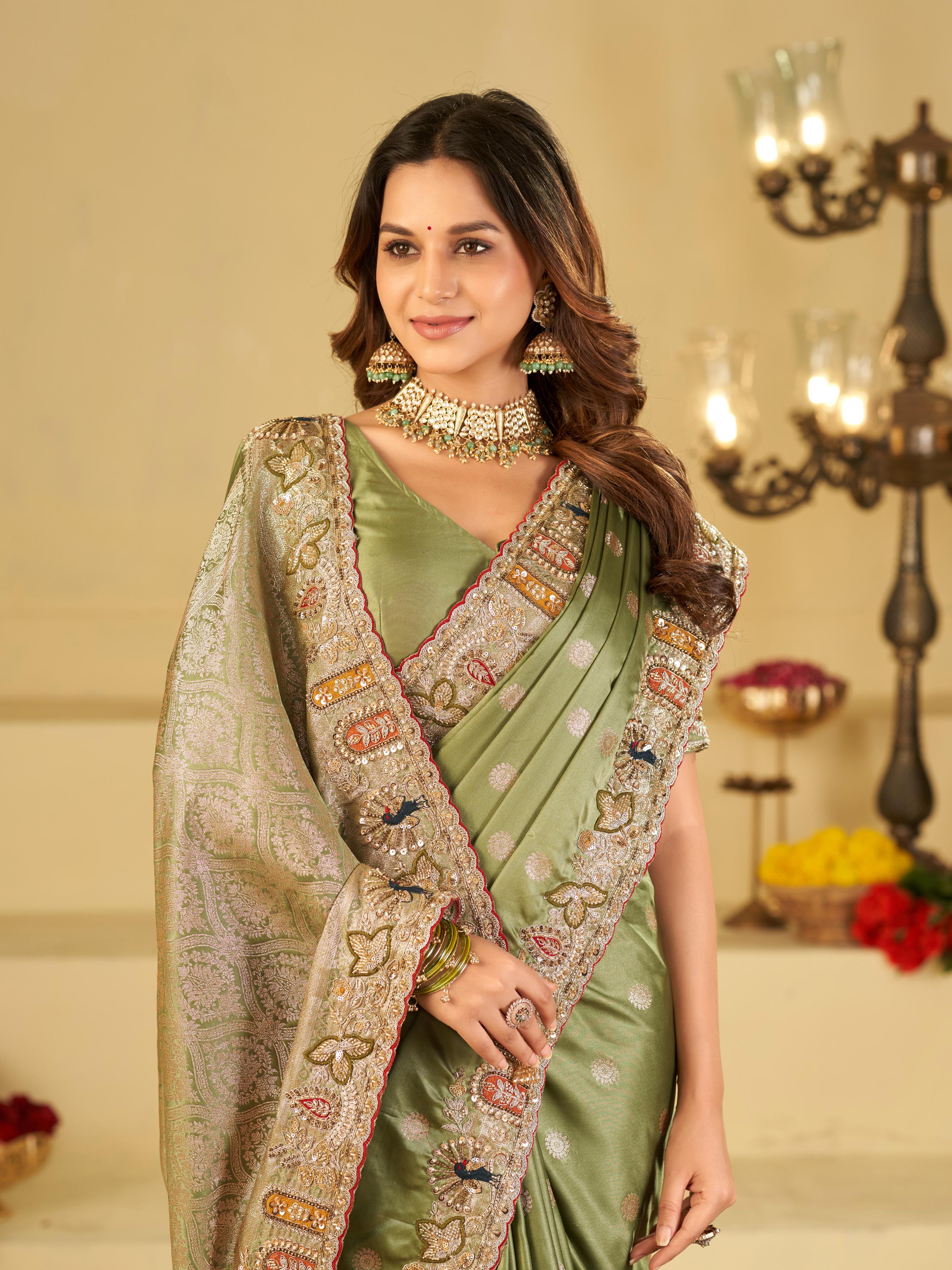 Pastel Olive Green Banarasi Silk Saree with Floral Embroidered Border & Rich Zari Woven Pallu | Designer Wedding Festive Saree