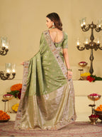 Pastel Olive Green Banarasi Silk Saree with Floral Embroidered Border & Rich Zari Woven Pallu | Designer Wedding Festive Saree