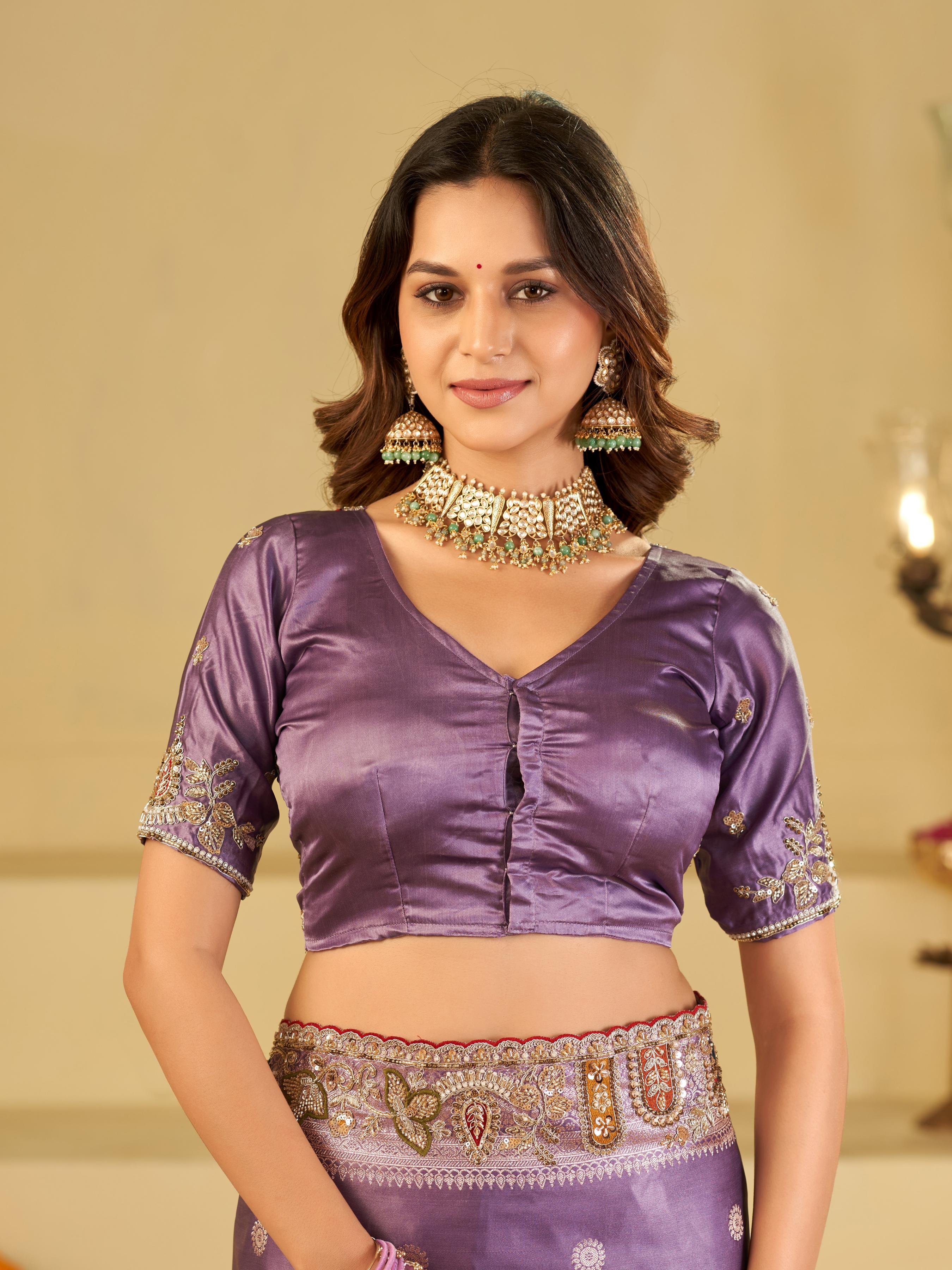Lavender Purple Banarasi Silk Saree with Floral Embroidered Border & Rich Zari Woven Pallu | Designer Wedding Festive Saree
