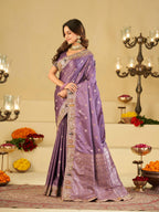 Lavender Purple Banarasi Silk Saree with Floral Embroidered Border & Rich Zari Woven Pallu | Designer Wedding Festive Saree
