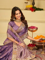 Lavender Purple Banarasi Silk Saree with Floral Embroidered Border & Rich Zari Woven Pallu | Designer Wedding Festive Saree