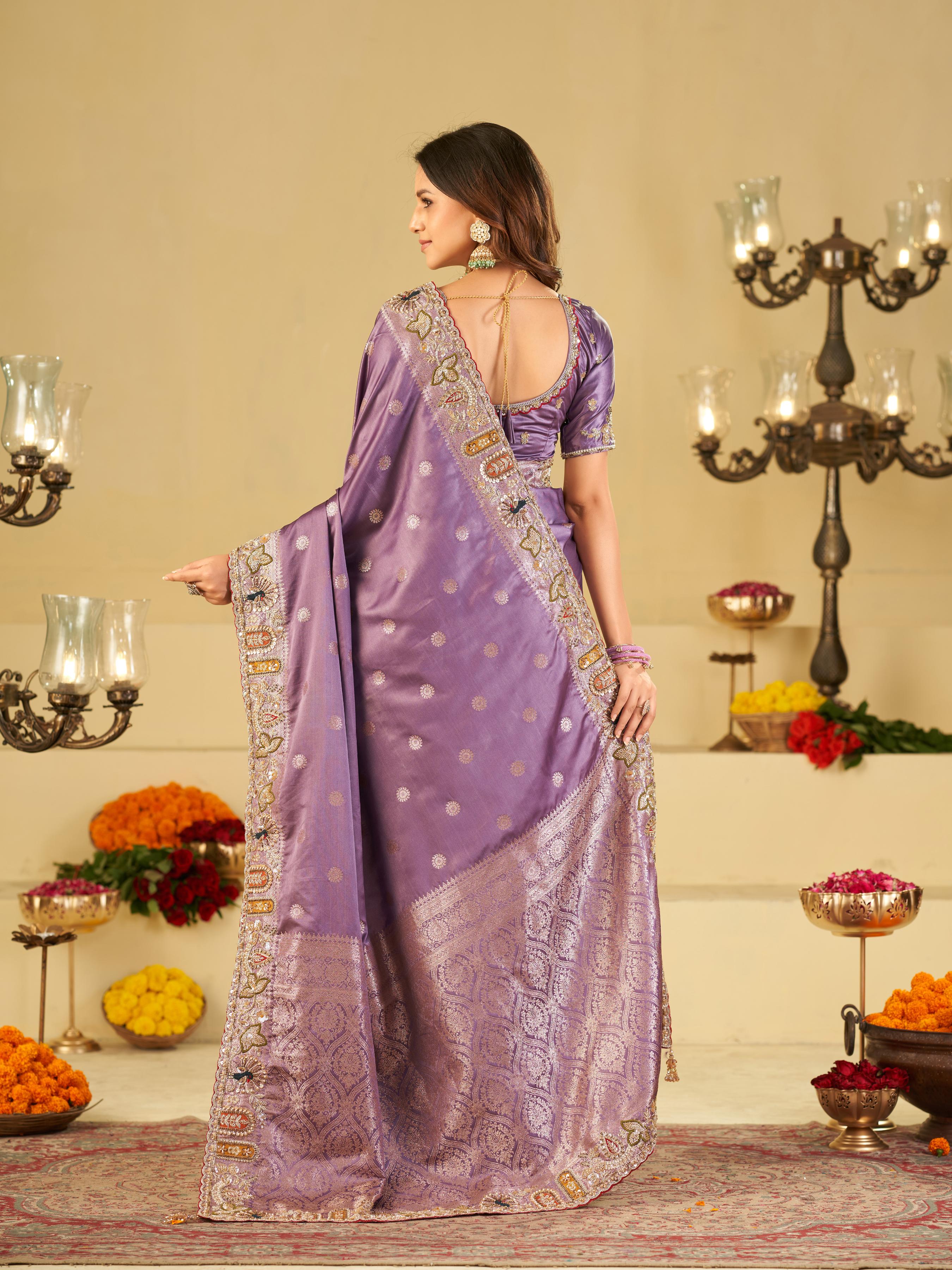 Lavender Purple Banarasi Silk Saree with Floral Embroidered Border & Rich Zari Woven Pallu | Designer Wedding Festive Saree