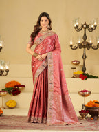 Rose Pink Banarasi Silk Saree with Floral Embroidered Border & Rich Zari Woven Pallu | Designer Wedding Festive Saree