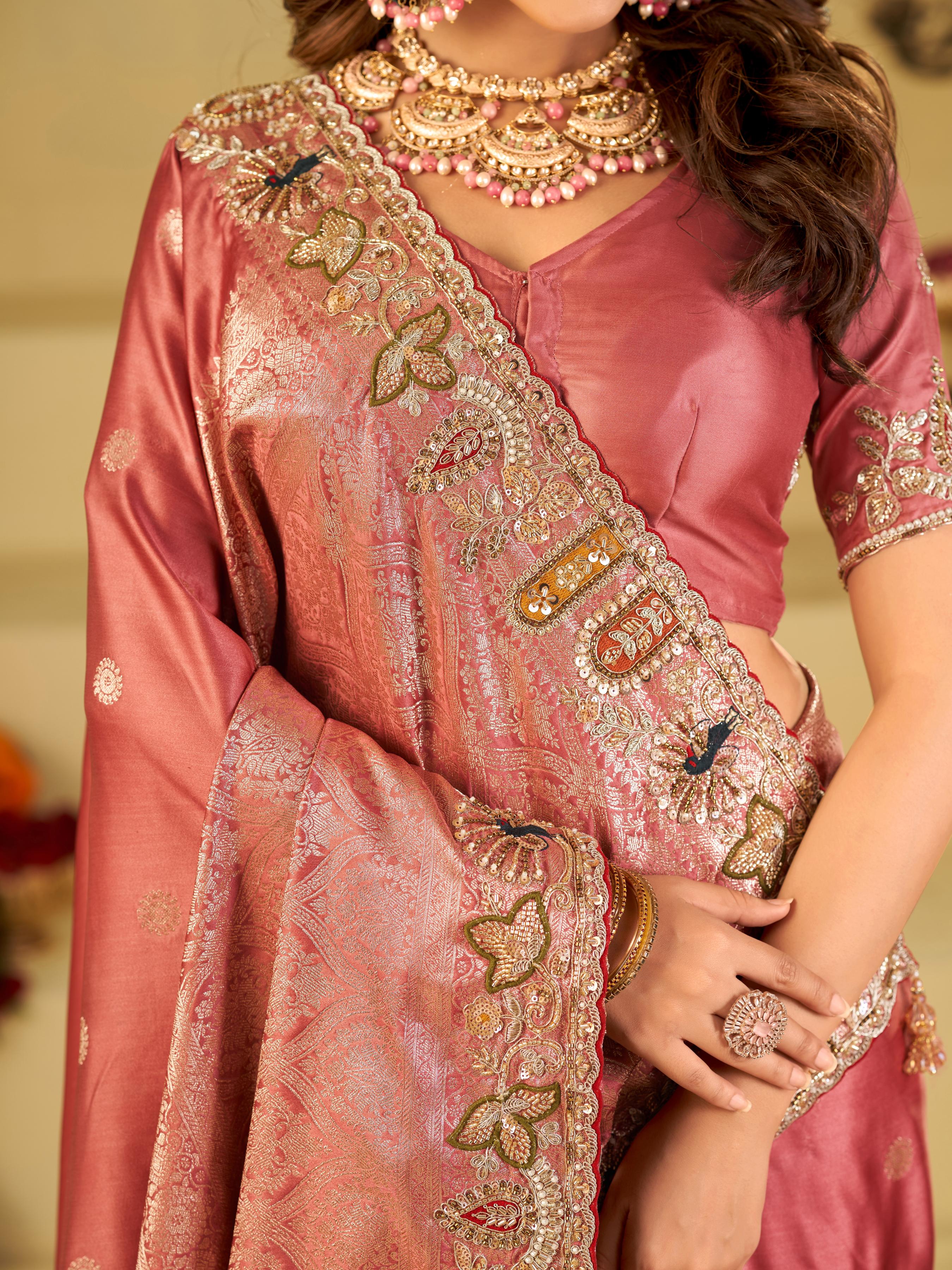 Rose Pink Banarasi Silk Saree with Floral Embroidered Border & Rich Zari Woven Pallu | Designer Wedding Festive Saree
