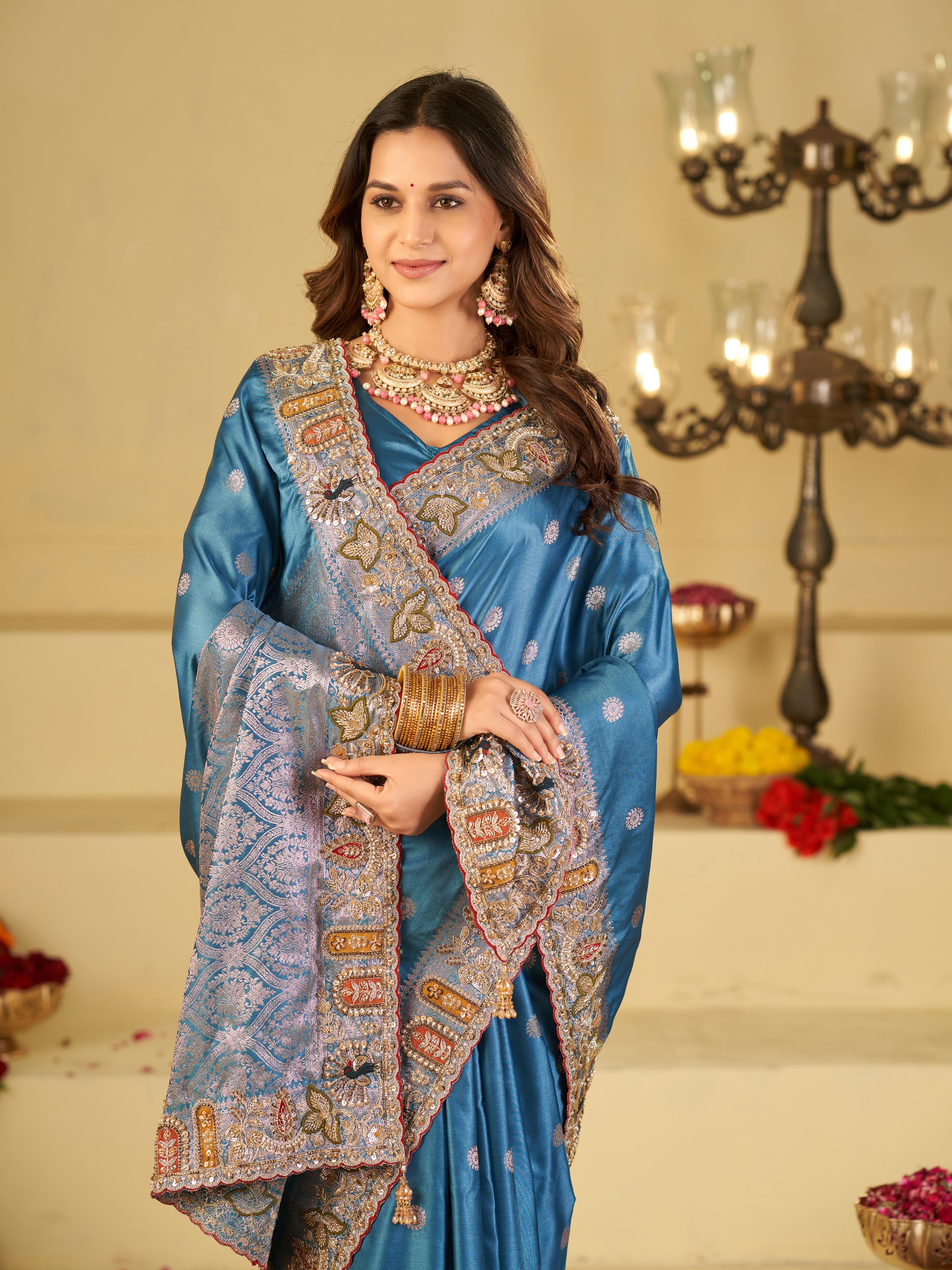Elegant Steel Blue Banarasi Silk Saree with Floral Embroidered Border & Rich Zari Woven Pallu | Designer Wedding Festive Saree