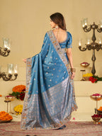 Elegant Steel Blue Banarasi Silk Saree with Floral Embroidered Border & Rich Zari Woven Pallu | Designer Wedding Festive Saree