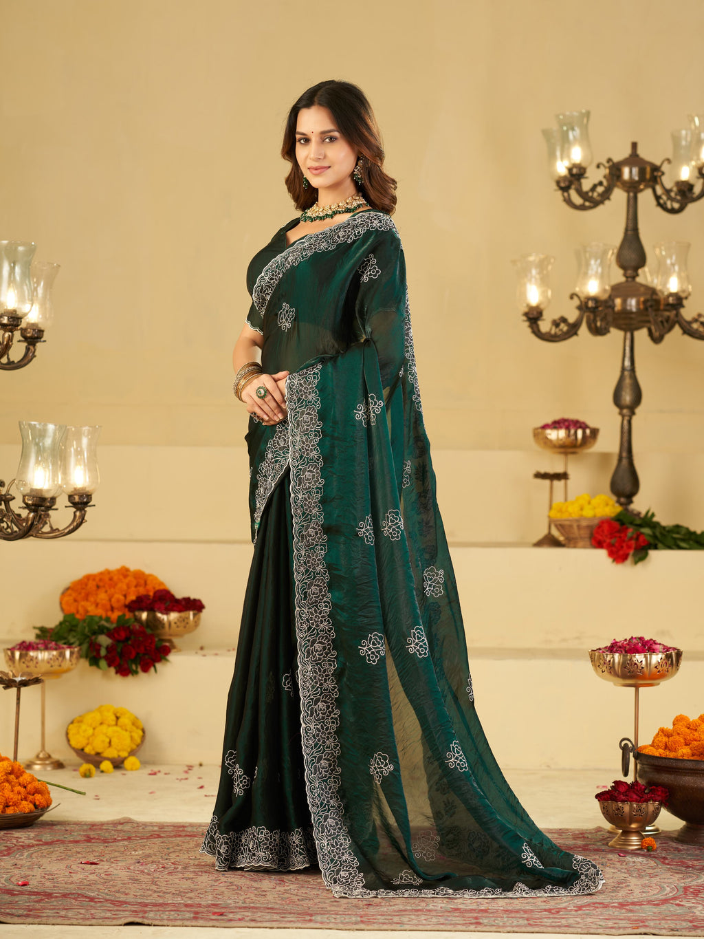 Bottle Green Fendy Satin Saree with White Floral Embroidery Border | Designer Party Wear Saree with Embroidered Blouse