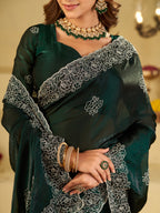 Bottle Green Fendy Satin Saree with White Floral Embroidery Border | Designer Party Wear Saree with Embroidered Blouse