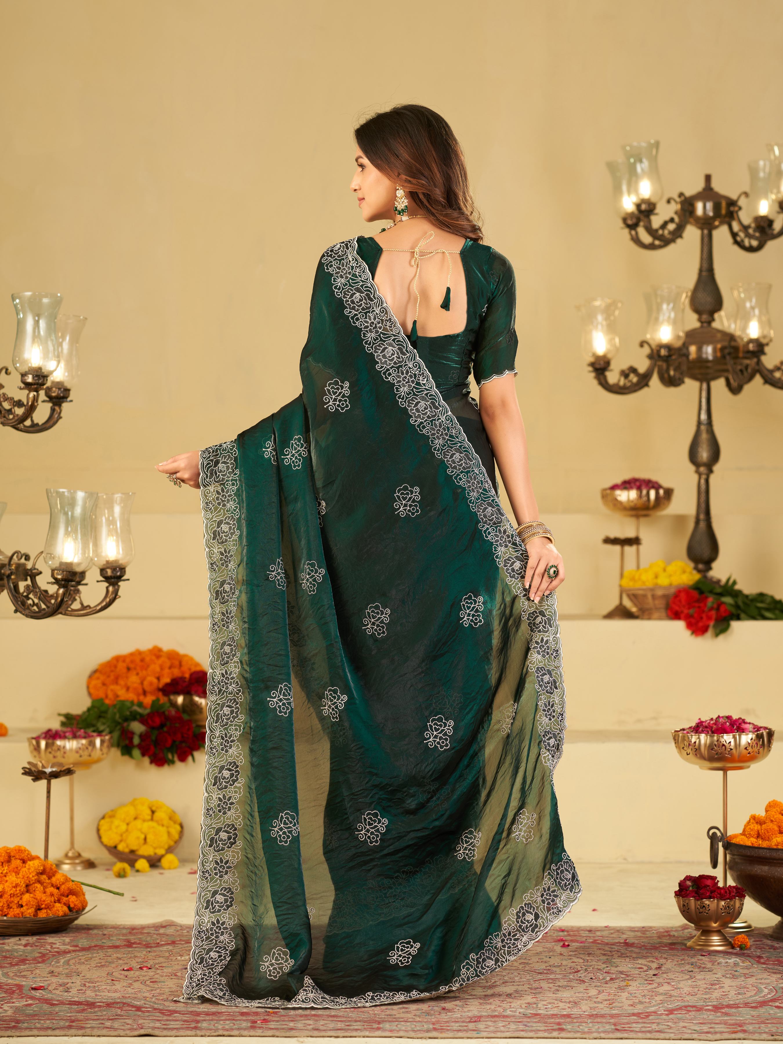 Bottle Green Fendy Satin Saree with White Floral Embroidery Border | Designer Party Wear Saree with Embroidered Blouse