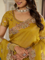 Mustard Yellow Fendy Satin Embroidered Saree with Elephant Motifs & Zari Border | Designer Festive Saree with Tassels & Heavy Embroidered Blouse