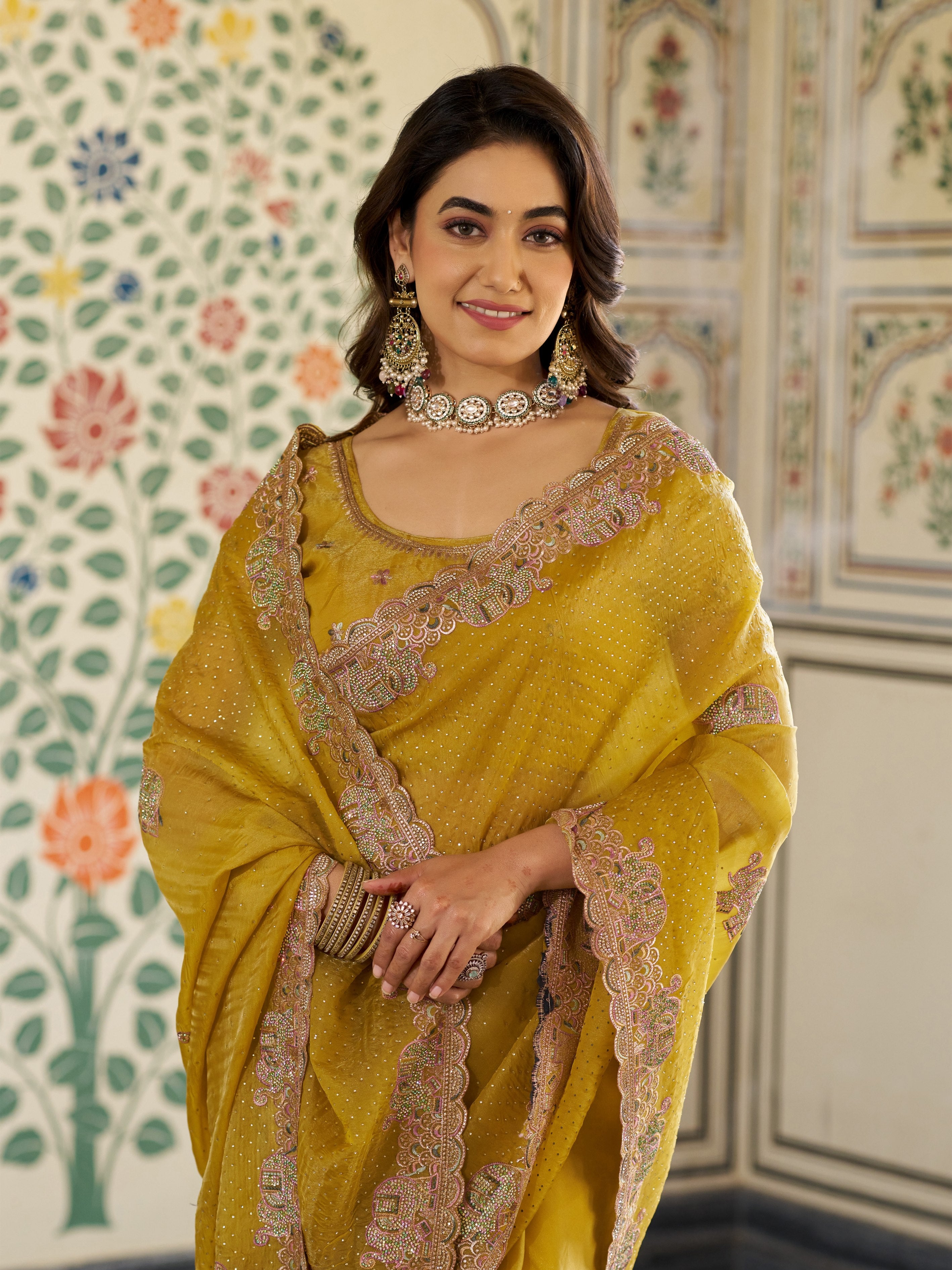 Mustard Yellow Fendy Satin Embroidered Saree with Elephant Motifs & Zari Border | Designer Festive Saree with Tassels & Heavy Embroidered Blouse